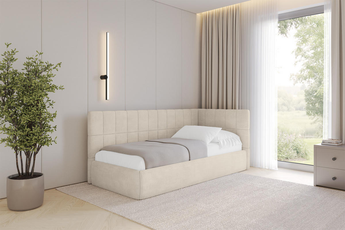 EINZELLBETT Jugendbett mit Bettkasten, Links - TULY 90x200 Beige - Beige, Holzwerkstoff/Textil (90/200cm) - ALTDECOR