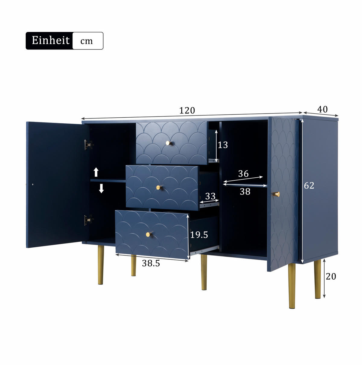 KOMODA z 2 vrati in 3 predali, temno modra, 120/40/83 cm - temno modra, kovina (40/83/120cm) - OKMYHOME