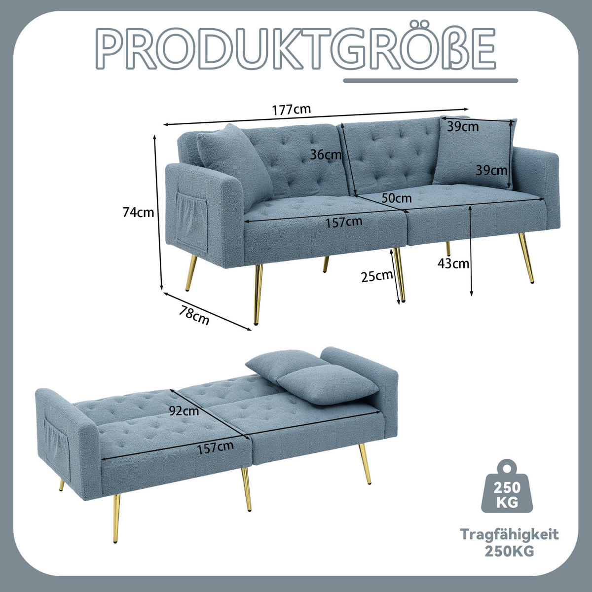 SCHLAFSOFA 177/78/74 cm in Blue Teddyfell mit Aufbewahrungstasche - Blau, Textil (177/74/78cm) - Oxeza
