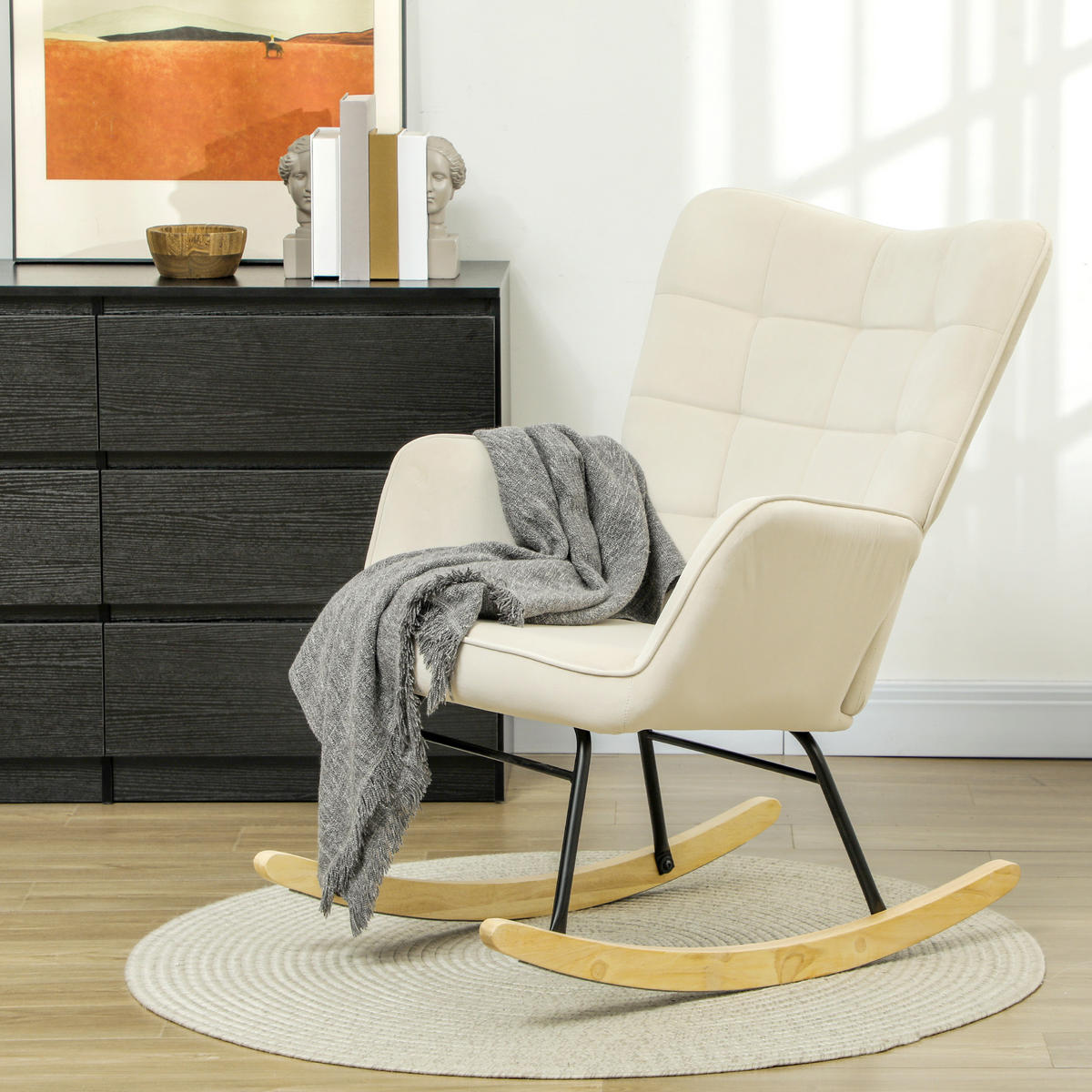 SCHAUKELSTUHL, Schaukelsessel mit Samtoptik, Armlehne für Wohnzimmer, Beige - Beige/Naturfarben, Buchenholz/Textil (98/101/71cm) - HOMCOM