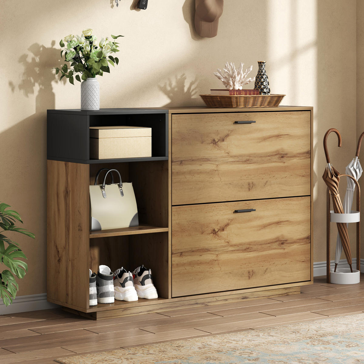 SCHUHSCHRANK Wohnzimmerschrank mit Klappfächern und offenen Ablagen, Einlegeböden, MDF Holzoptik Stauraum Natur - Naturfarben, Holzwerkstoff (120/84.5/32cm) - EVRYAE