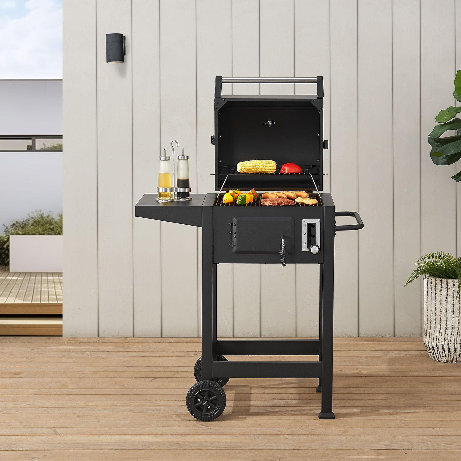 HOLZKOHLEGRILL Missouri schwarz mit Abdeckplane - Schwarz, Metall (86/104/52cm) - Juskys