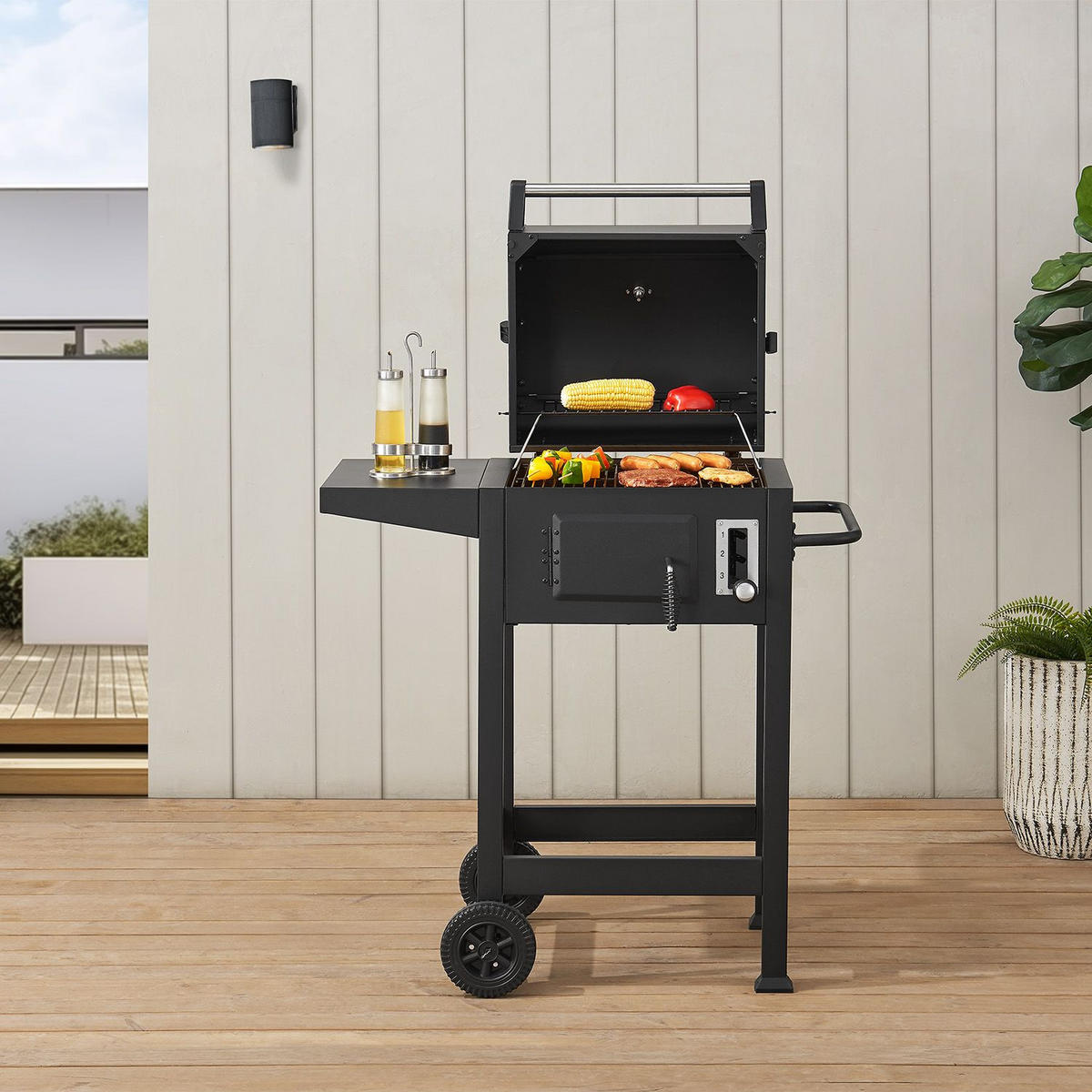 HOLZKOHLEGRILL Missouri schwarz mit Abdeckplane - Schwarz, Metall (86/104/52cm) - Juskys