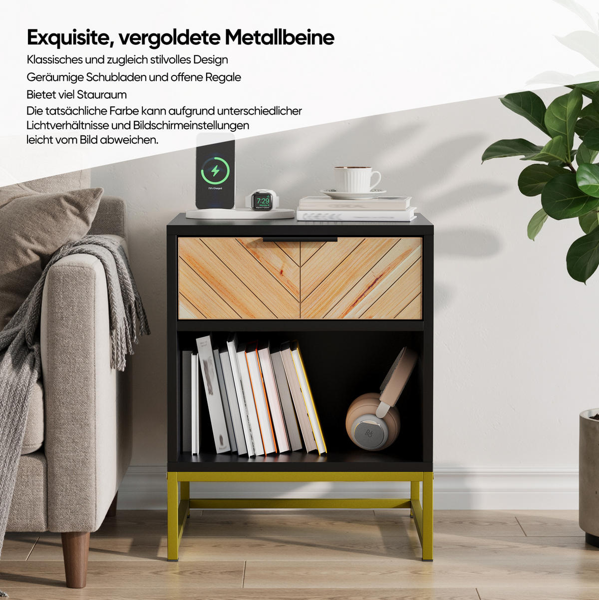 NACHTTISCH aus MDF 43x40x55 cm Schwarz/Natur mit Schublade und offenem Fach im Mid-Century-Stil - Schwarz, Holzwerkstoff (43/55/40cm) - Modfu