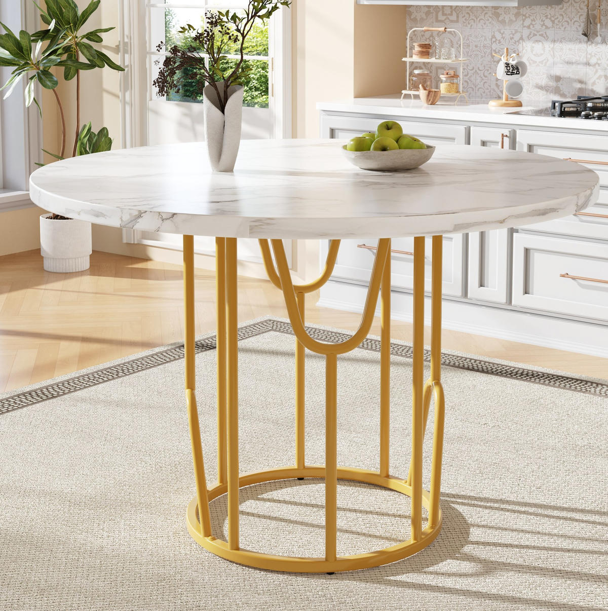 ESSTISCH 80/80/76 cm mit MDF-marmorierter Tischplatte und goldenen Beinen - Weiß, Holzwerkstoff (80/80/76cm) - OKWISH