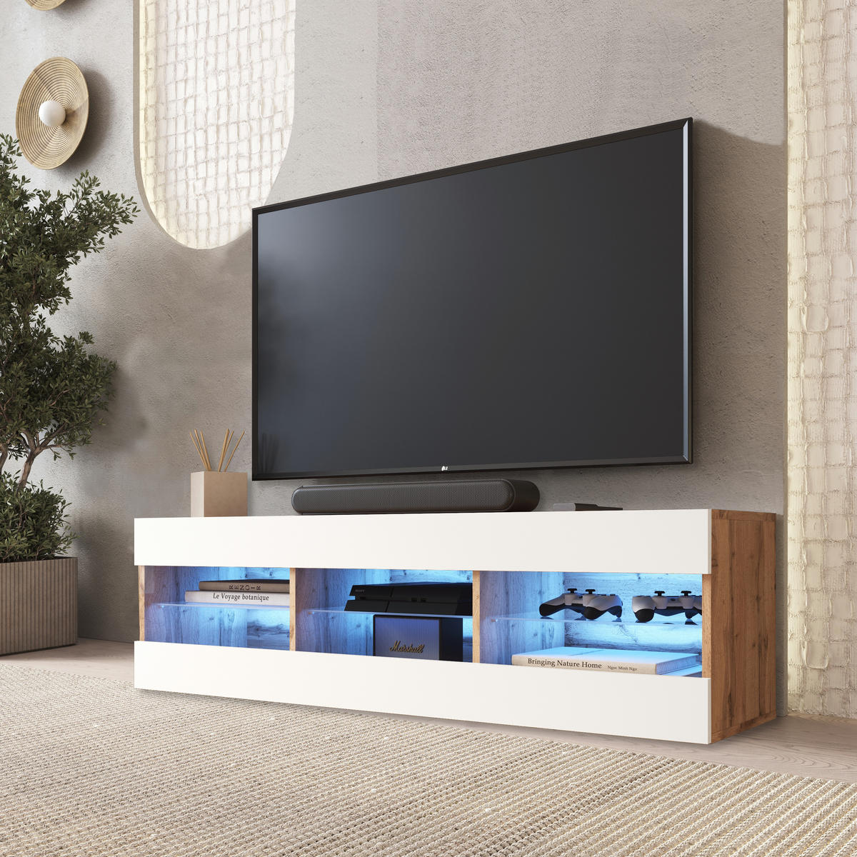 LOWBOARD TIVOLI RTV 140, Weiss, LED Blau - Eiche Wotan/Weiß, Glas/Holzwerkstoff (140/40.5/35.5cm) - Komodee