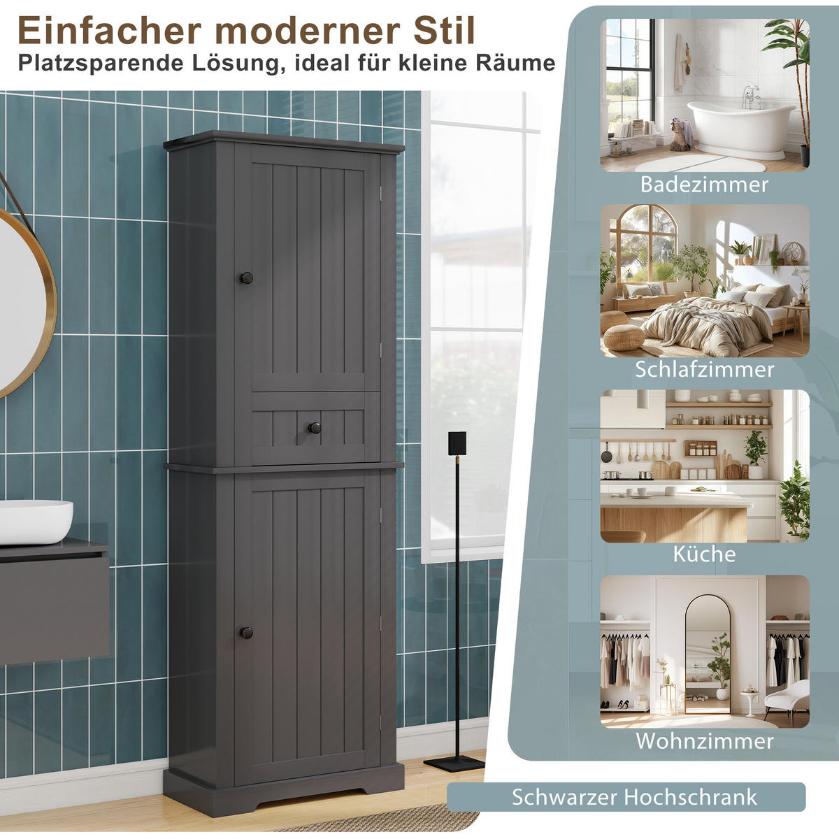 HOCHSCHRANK 56/28/167.3 cm Schwarz mit 2 Schranktüren und 1 Schubladen - Schwarz, Holz/Holzwerkstoff (28/167.3/56cm) - Oxeza