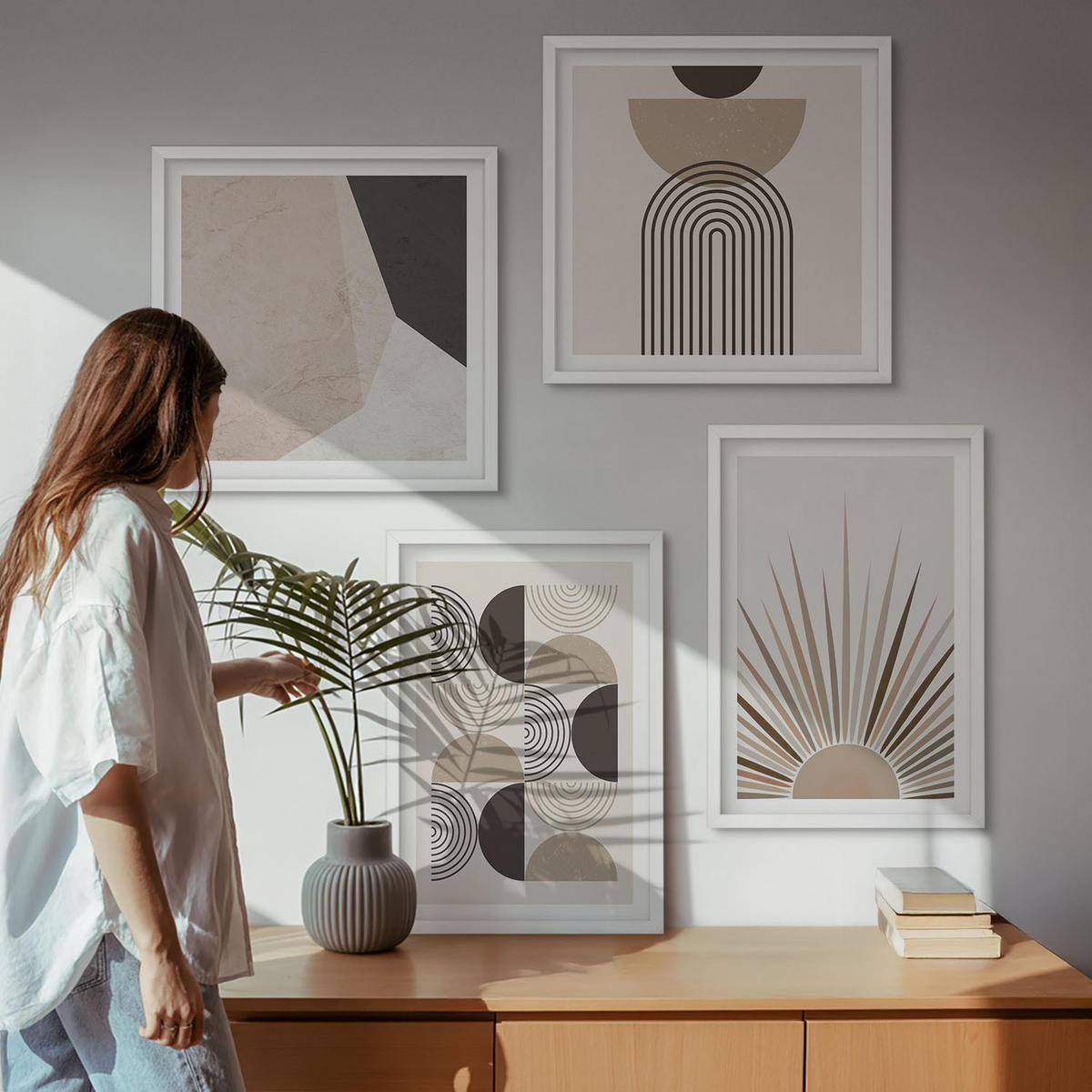 BILDER SET 4er Set - 50x50 cm & 40x60 cm Weißer Rahmen - Abstrakte beige und braune Formen - Weiß, Kunststoff (50/50cm) - TULUP