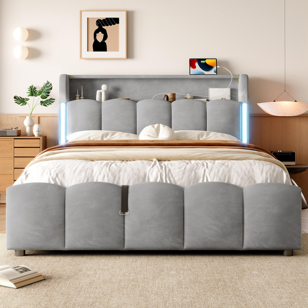 POLSTERBETT 140/200 cm grau aus Samt und MDF mit LED und Stauraum - Grau, Textil (140/200cm) - OKWISH