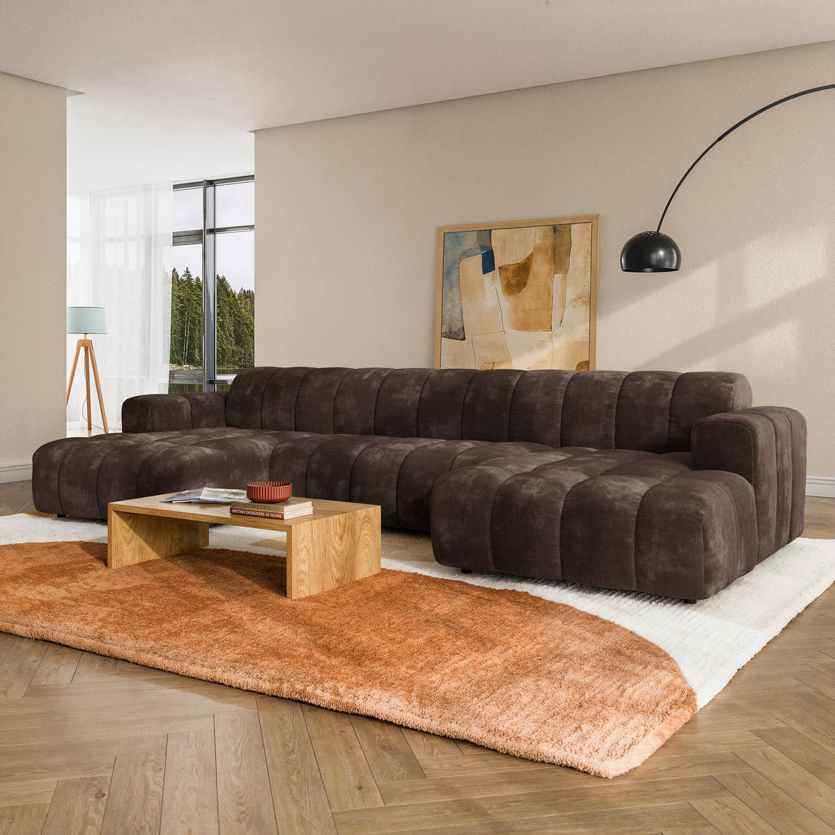 WOHNLANDSCHAFT AENIS Braun Chenille - Braun, Holz (398/85/165cm) - MASSENO