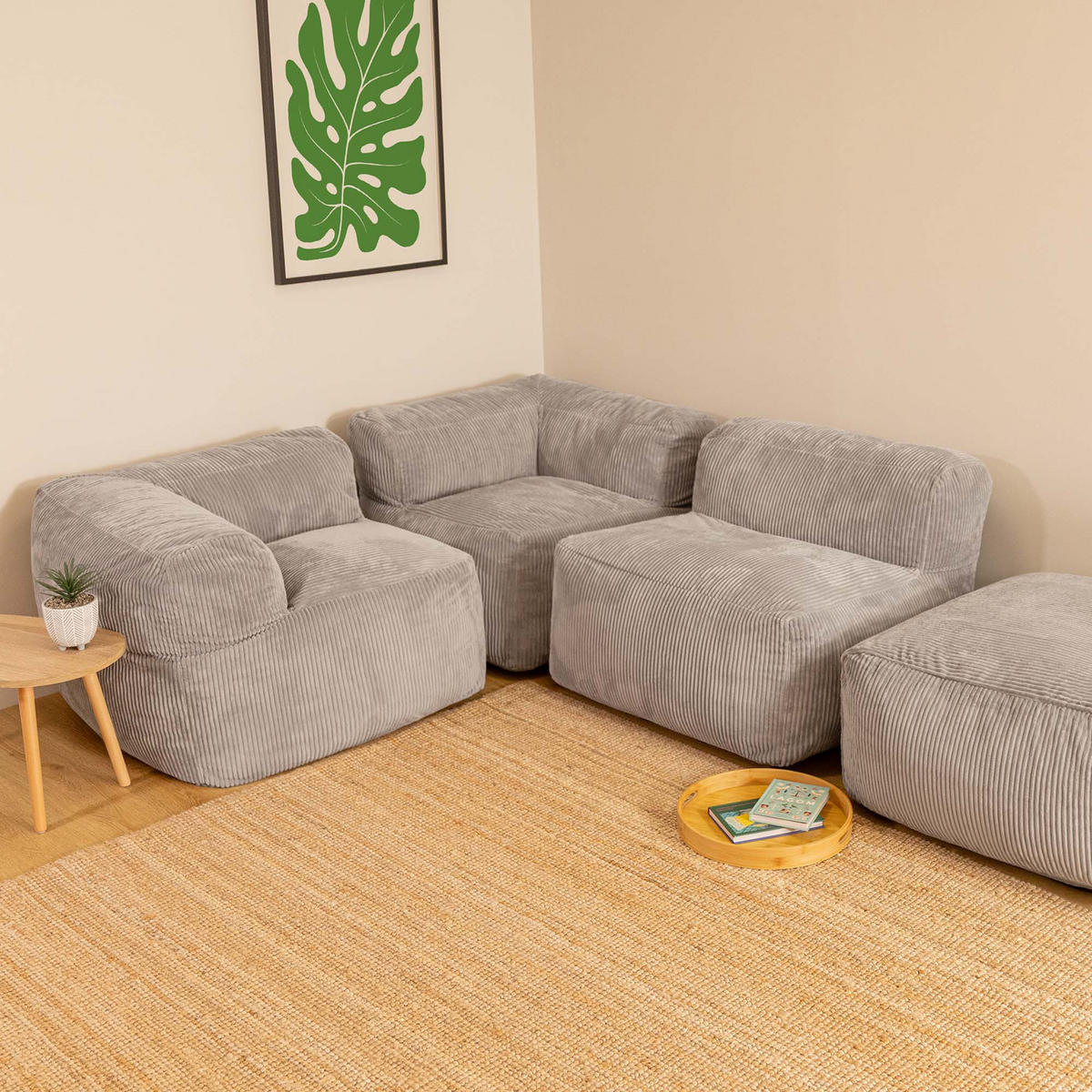 SITZSACK-SOFA 4-tlg. ZEN: 2 Ecksessel, Sessel, Fußstütze - Grau, Textil (390/68/100cm) - icon