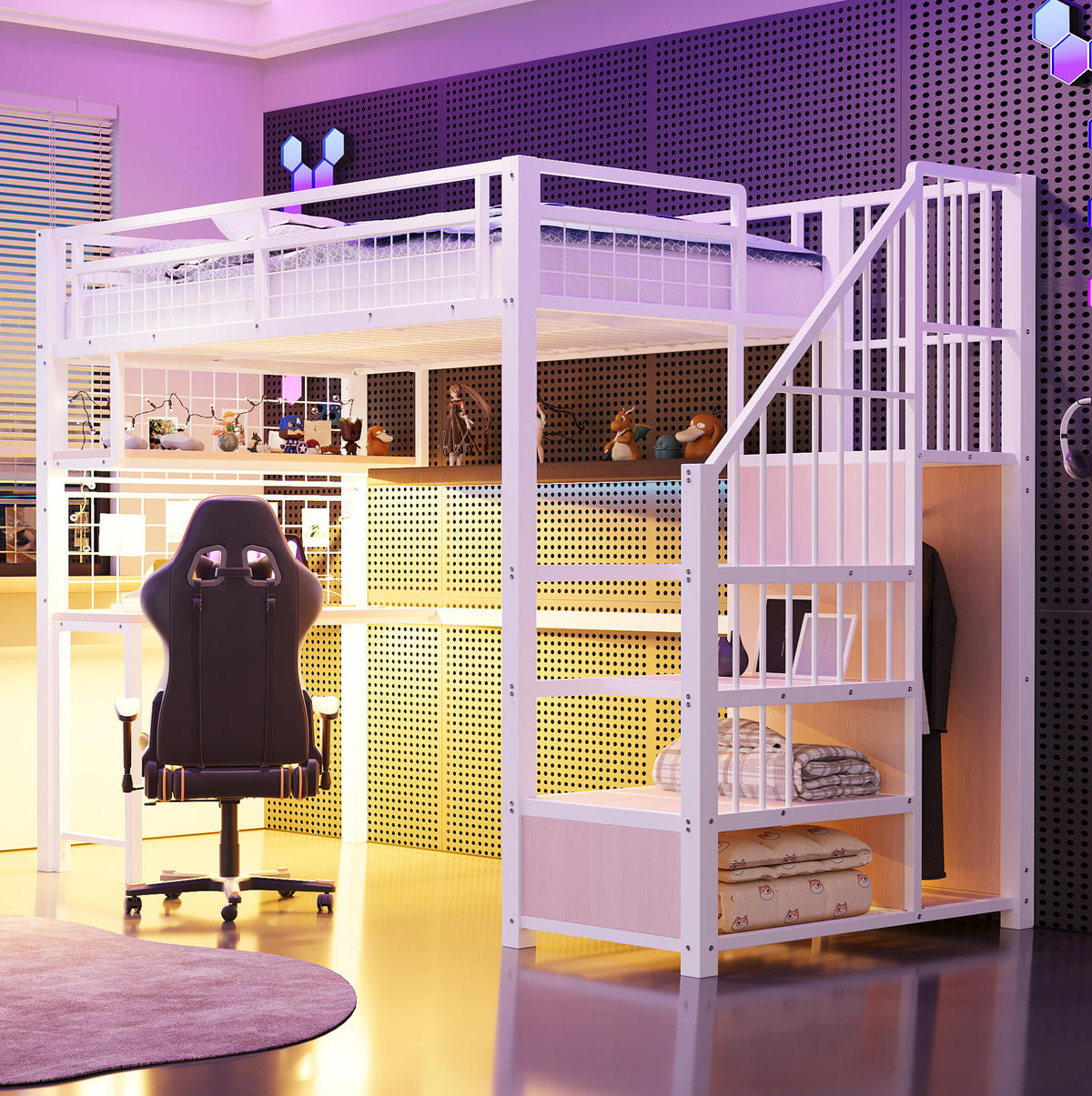 HOCHBETT 90/200 cm mit Schreibtisch, LED-Lichtleiste, Steckdosen, Stauraumtreppe und Kleiderbereich, Weiß - Weiß, Metall (90/200cm) - Redom