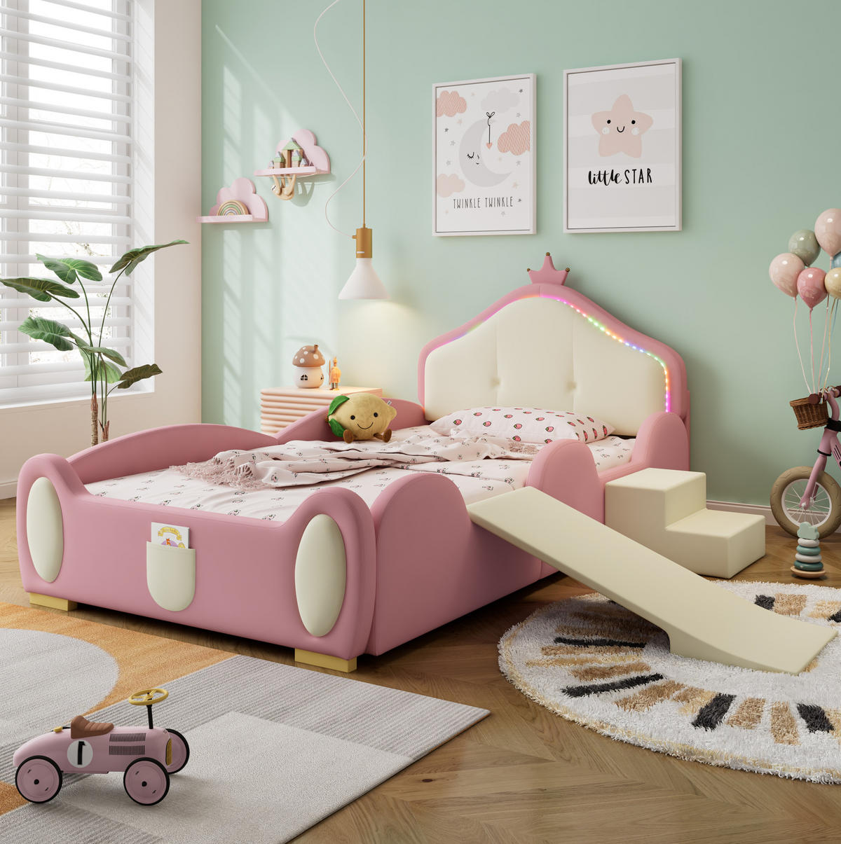 KINDERBETT 90/200 cm Crown Cartoon Rosa mit Rutsche und LED-Beleuchtung aus PU - Rosa, Kunststoff (90/200cm) - OKWISH