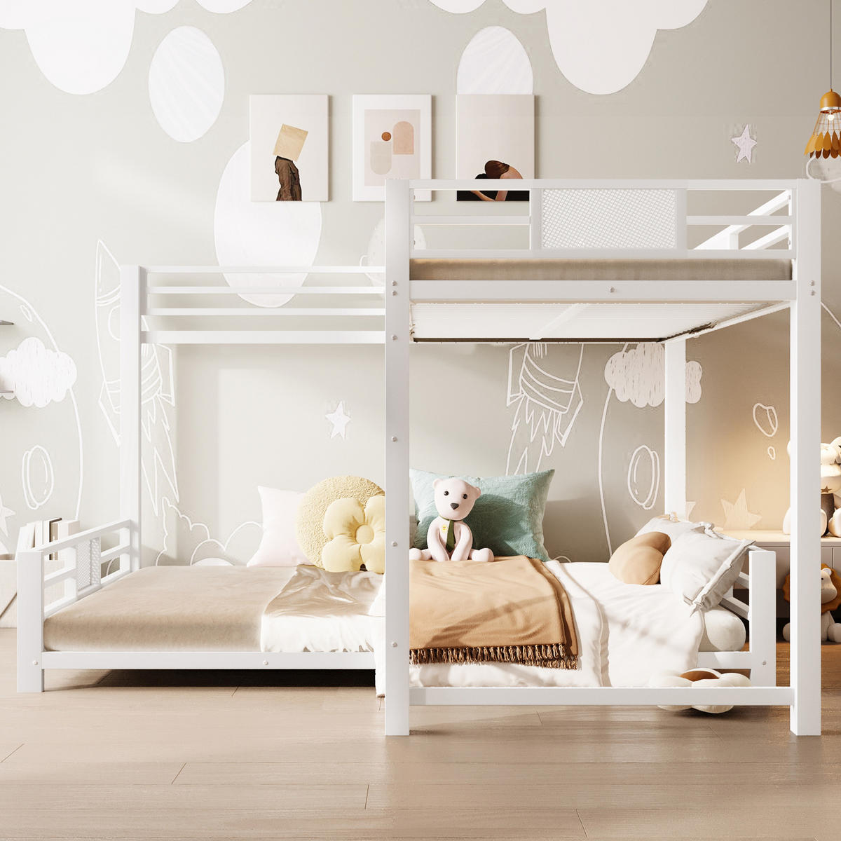 ETAGENBETT 90/200 cm & 140/200 cm in Weiß L-Form mit Schutzgittern - Weiß, Metall (90/200cm) - CHICFURN