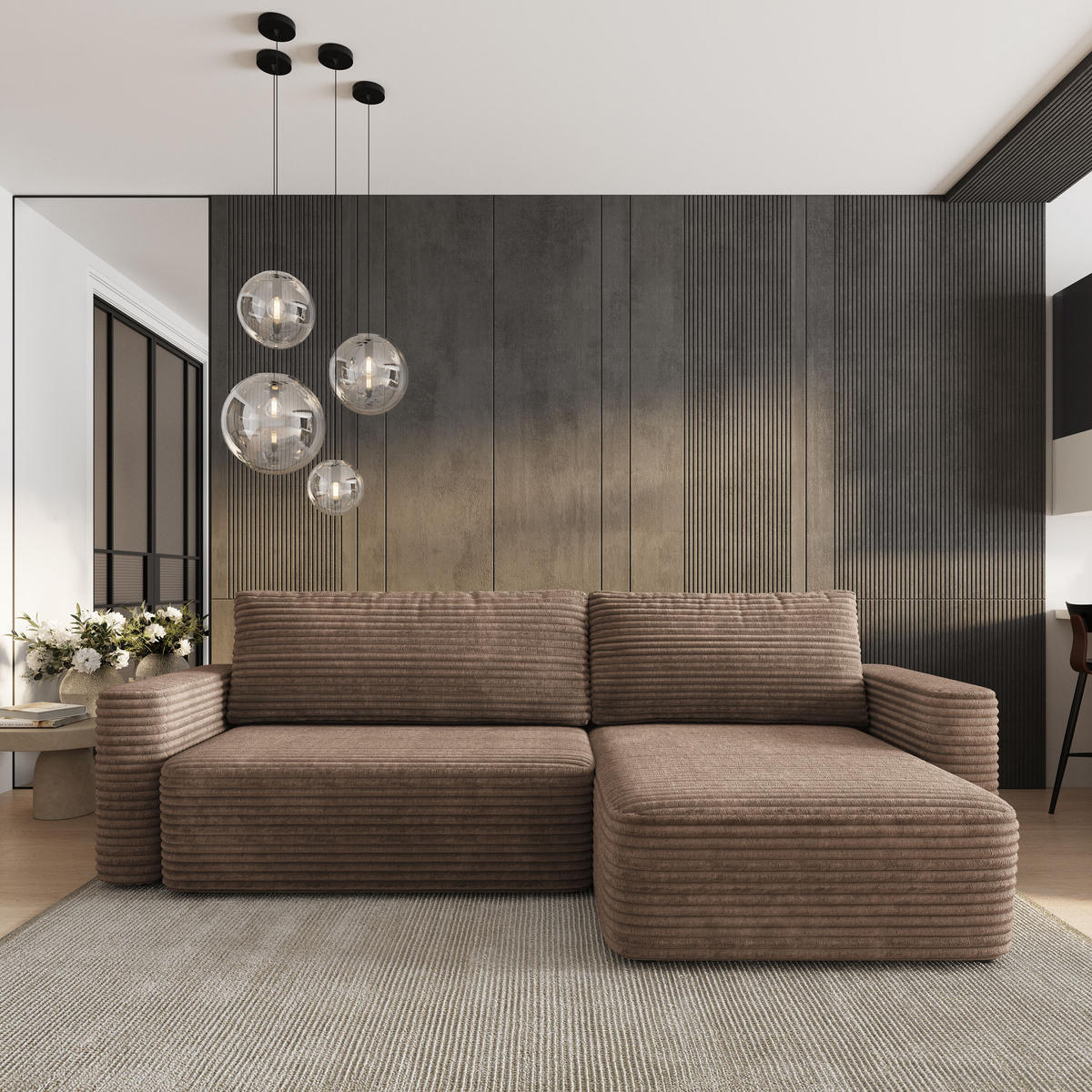 ECKSOFA TELIN Beige Kordstoff mit Schlaffunktion - Beige, Holz (280/162cm) - MASSENO