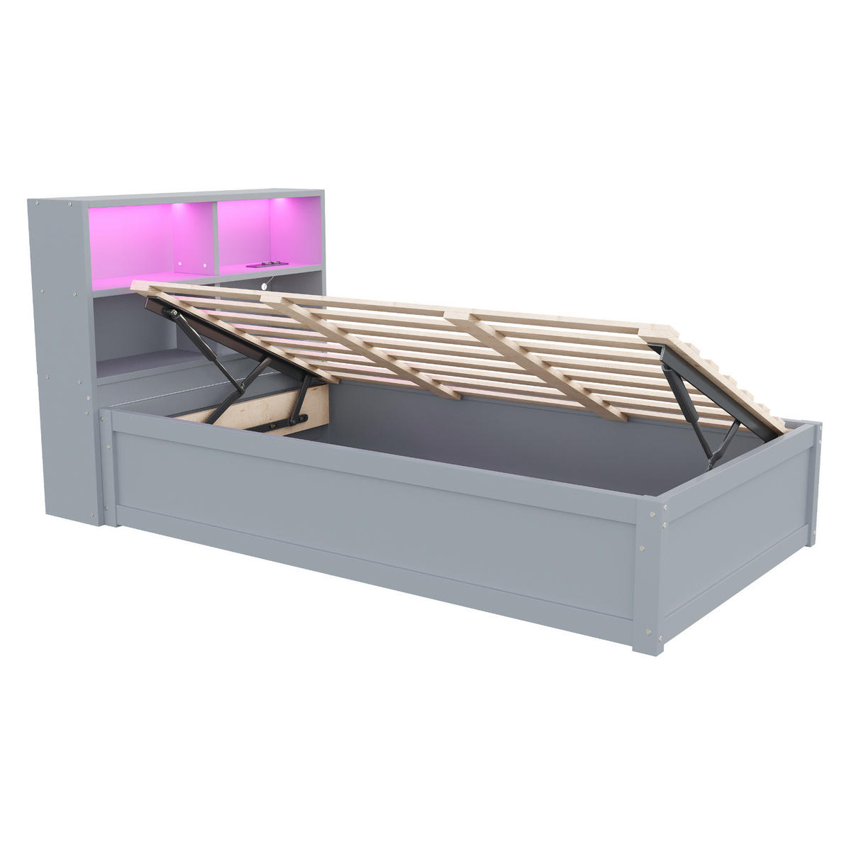POSTEĽ 90/200 cm sivé s LED osvetlením, zásuvkou a úložným priestorom z borovicového dreva - sivá, drevo (90/200cm) - OKWISH