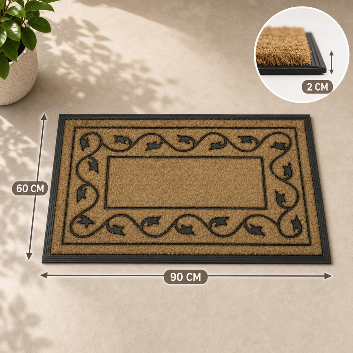 ROHOŽKA Přírodní Černá kokosové vlákno 90x60 cm - světle hnědá, textil/plast (90/60cm) - Relaxdays