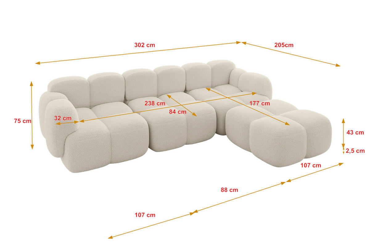 ECKSOFA modulares Sofa Rechts Miko-L2 302x205x75 Beige Bouclé - Sandfarben/Schwarz, Holzwerkstoff/Kunststoff (302/205cm) - ALTDECOR