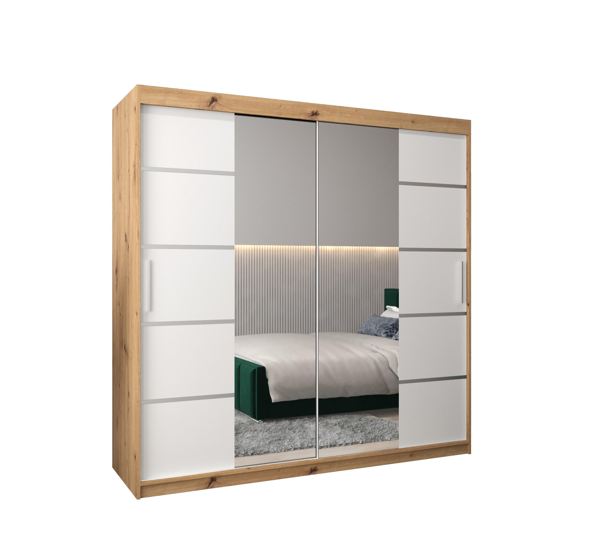 Abiks Möbel SCHWEBETÜRENSCHRANK Eiche Artisan, Weiß, Silber 200cm × 62cm × 200cm