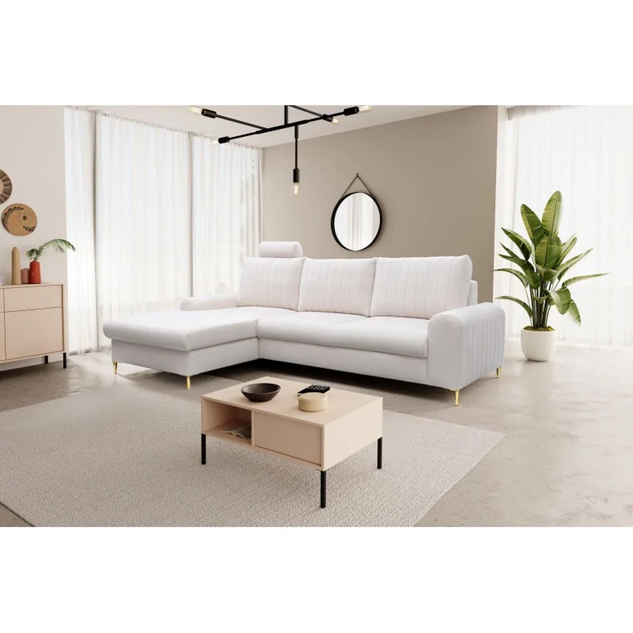 ECKSOFA MANGO, Eckcouch in L-Form mit Schlaffunktion und Bettkasten, Farbe: Beige, Velourstoff, Ottomane Links - Beige, Textil (251/164cm) - Sepro Meble