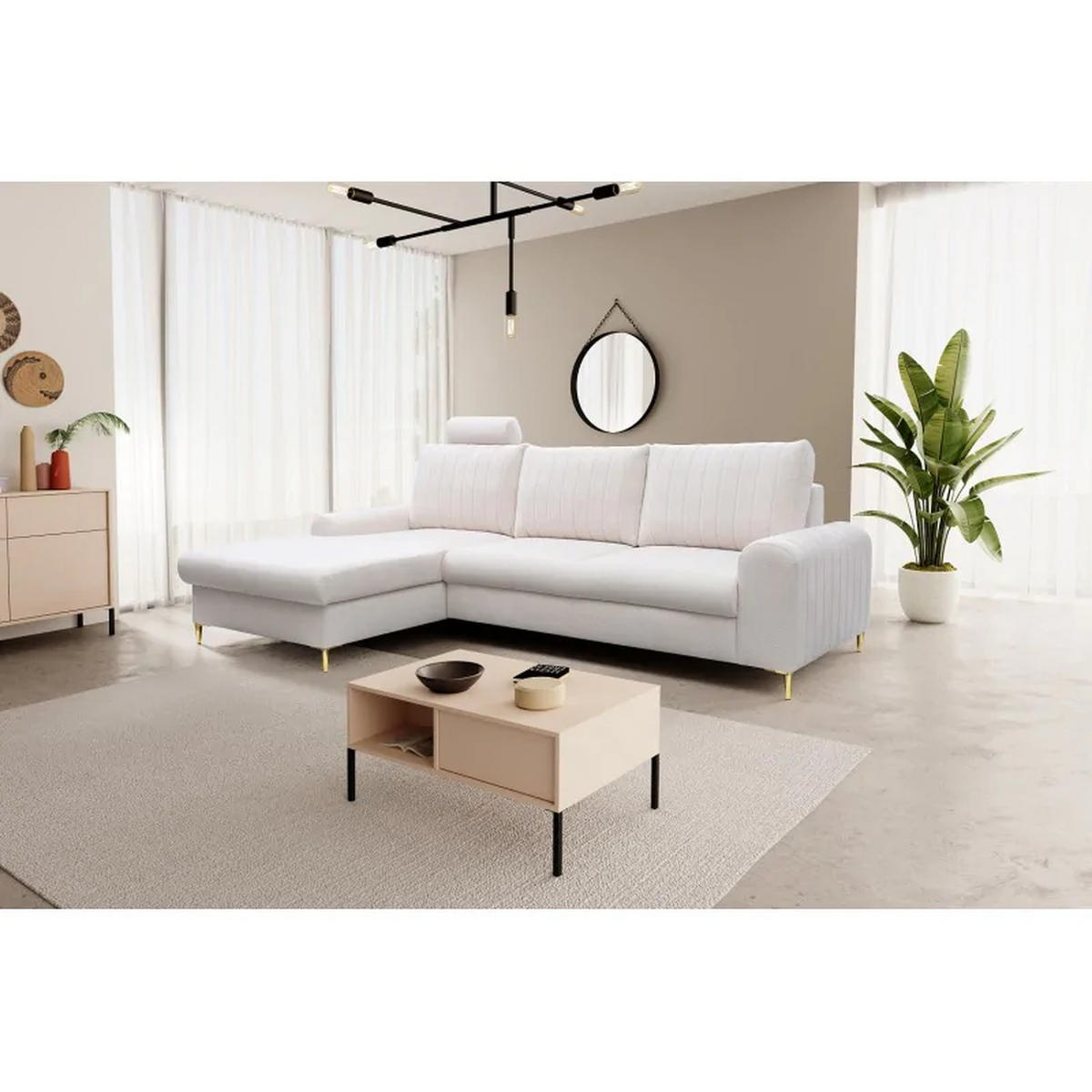 ECKSOFA MANGO, Eckcouch in L-Form mit Schlaffunktion und Bettkasten, Farbe: Beige, Velourstoff, Ottomane Links - Beige, Textil (251/164cm) - Sepro Meble