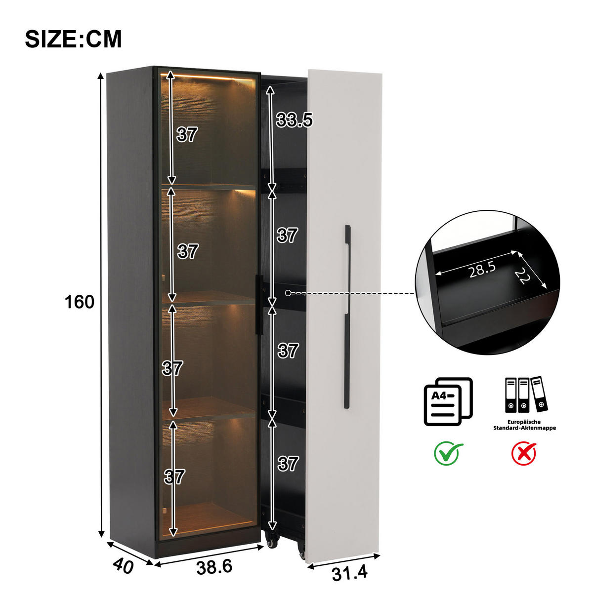 VITRINE 70/40/160 cm aus MDF mit LED-Beleuchtung und seitlichem Auszug Schwarz/Weiß - Schwarz, Holzwerkstoff (70/160/40cm) - Modenvie