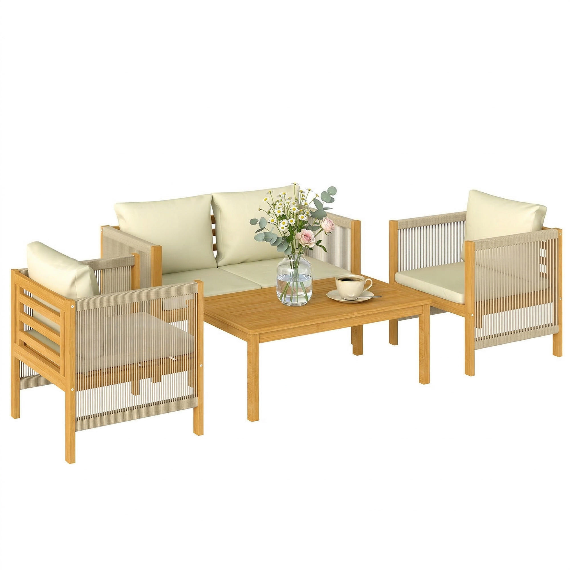 GARTENSET DE-13511 4-teilig mit Akazienholz & Seil Natur - Beige, Holz - ComfortXL
