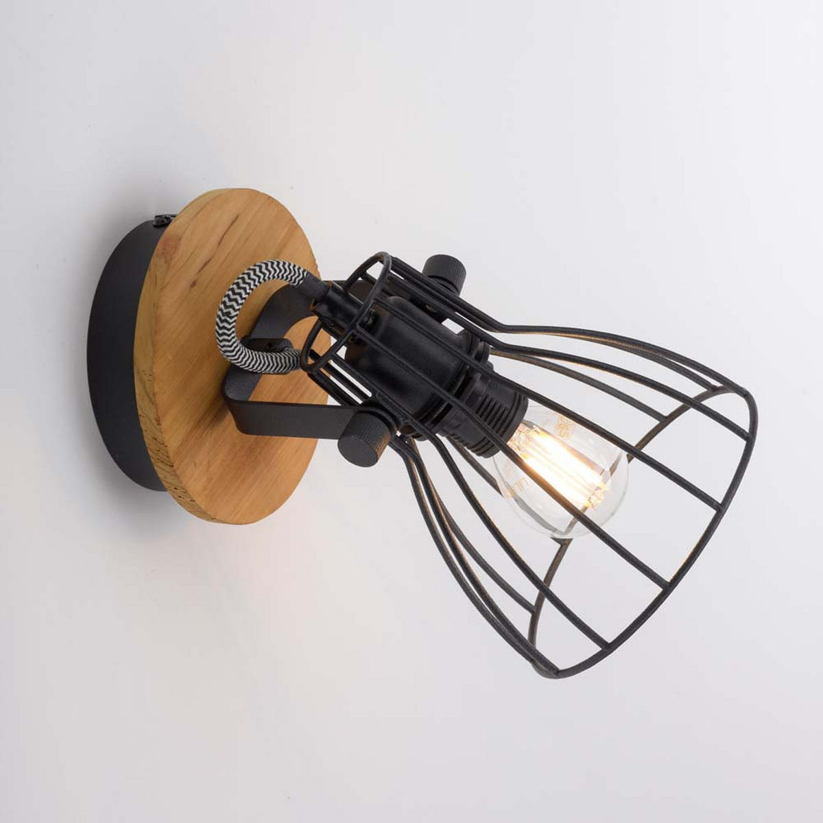 LED WANDLEUCHTE Holz Braun Schwarz Metallgitter - Schwarz, Holz (18/21/18cm)