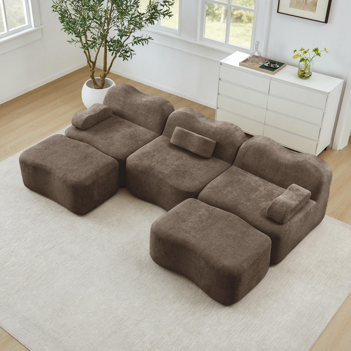 WOHNLANDSCHAFT Samt Braun mit Hocker - Braun, Textil (288/70/167cm) - WISHDOR