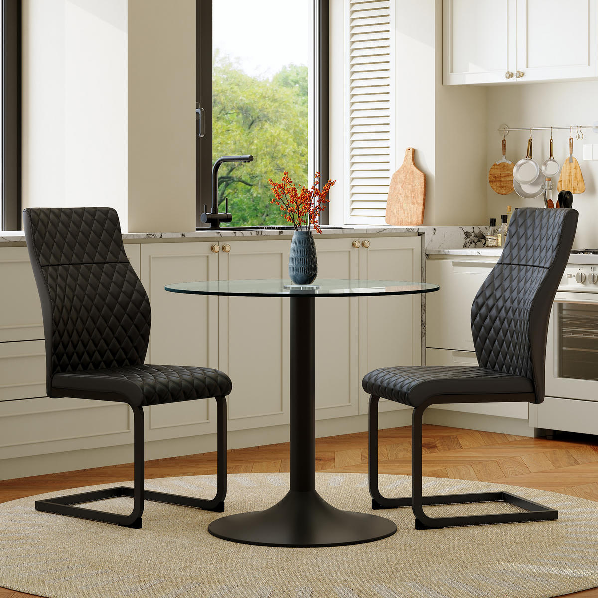 ESSGRUPPE DE-39485 3-teilig, Glastisch und 2 Stühlen mit hoher Rückenlehne Schwarz - Schwarz, Metall (85/75/85cm) - ComfortXL