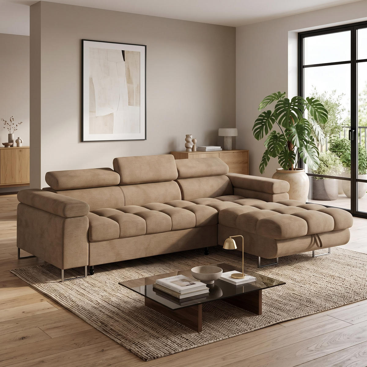 ECKSOFA CLOUD Rechts Hellrosa L-Form Velours-Stoff mit Schlaffunktion und Bettkasten - Chromfarben/Pink, Holz/Metall (175/235cm) - Barchello