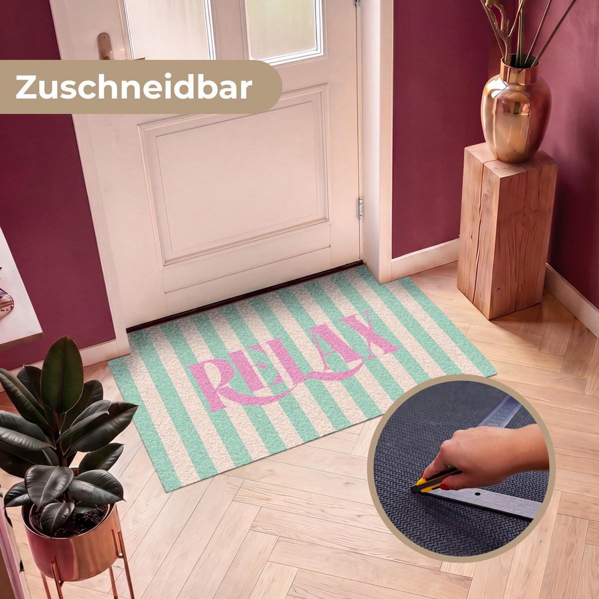 FUSSMATTE Rosa – Grün – Streifen – Entspannung 120x80 cm - Mintgrün, Kunststoff (120/0.4cm) - MuchoWow