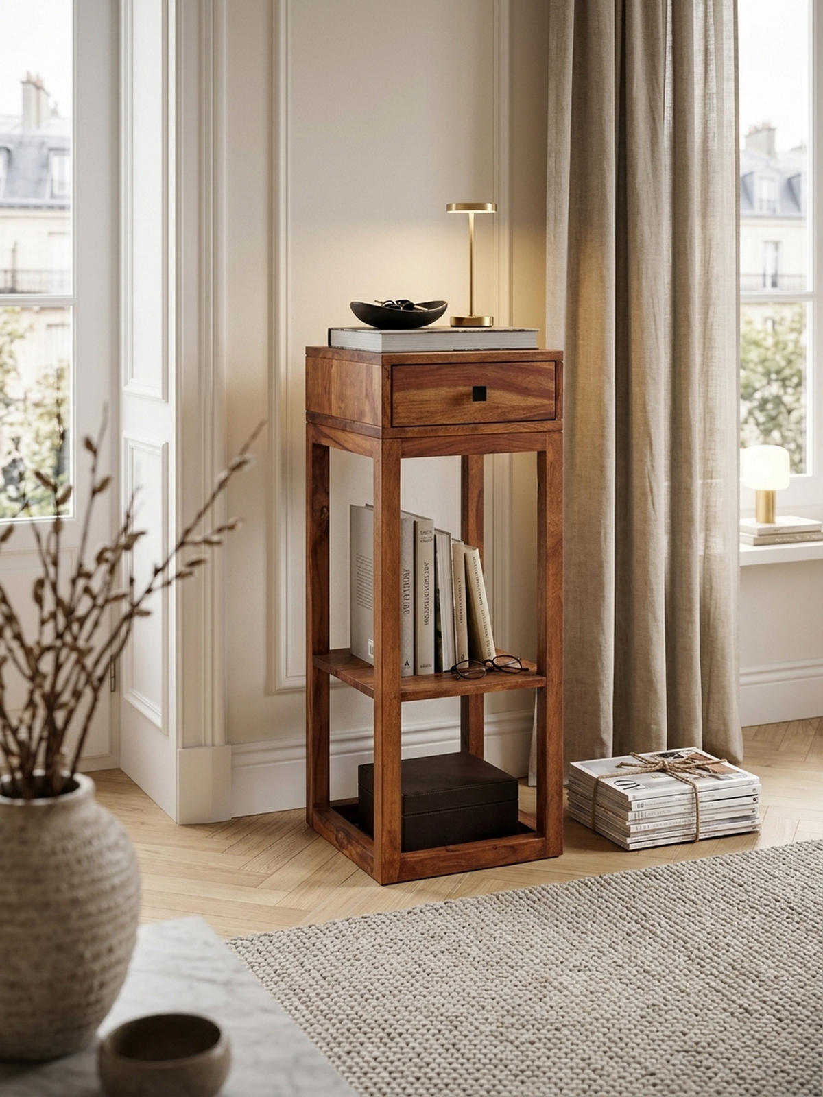 BEISTELLTISCH – Massivholz quadratisch mit Schublade und Ablagefach - Braun, Holz (35/35/90cm) - KADIMA DESIGN