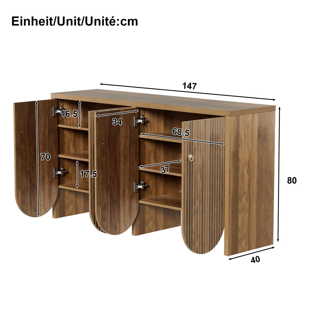 SIDEBOARD 147/40/80 cm, 4 Türen, verstellbare Einlegeböden, Walnussoptik, Walnuss - Walnussfarben, Holzwerkstoff (147/80/40cm) - Redom