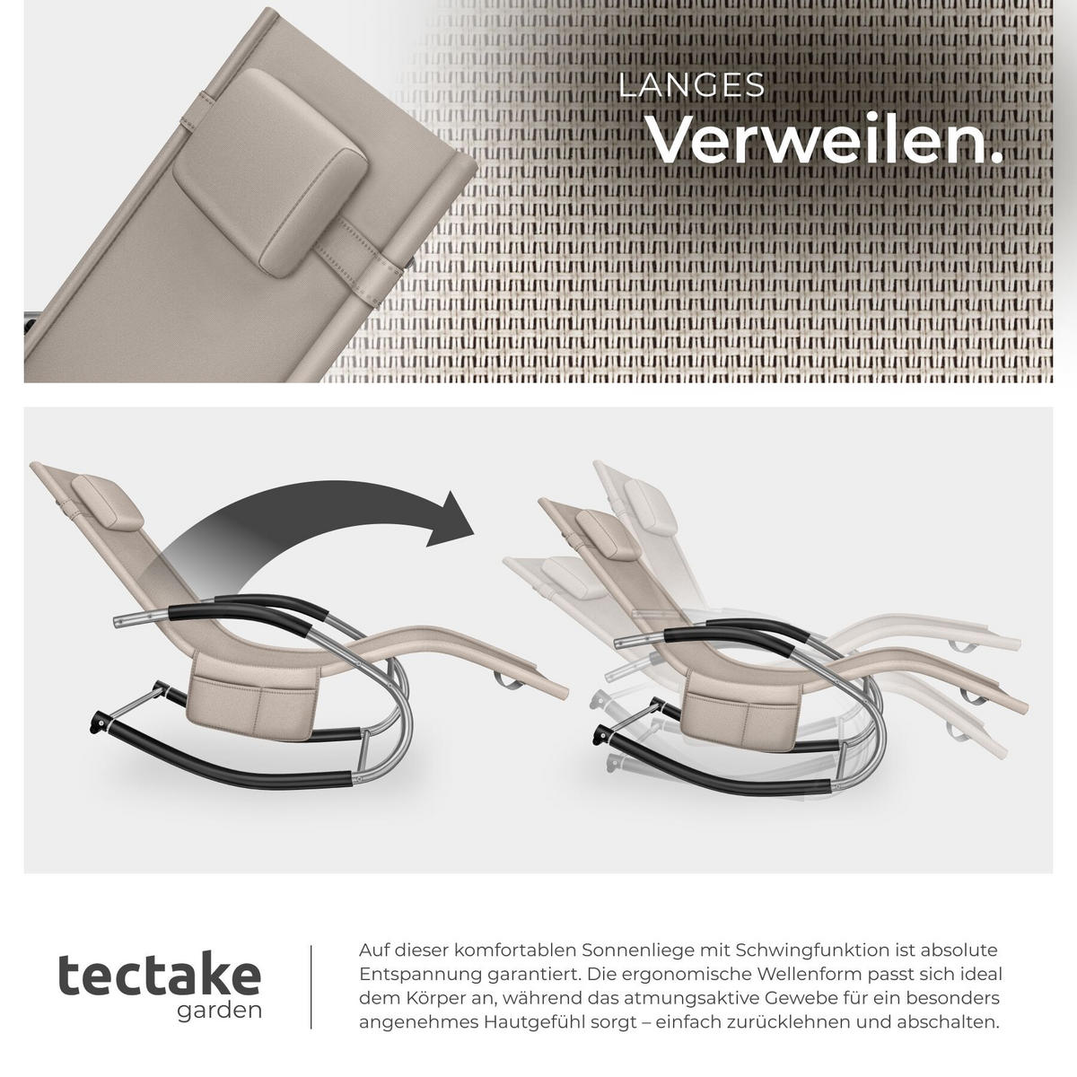 GARTENLIEGE Taya, abnehmbares Kopfpolster, seitliche Aufbewahrungstasche, beige - Beige, Kunststoff (62/92/142cm) - tectake