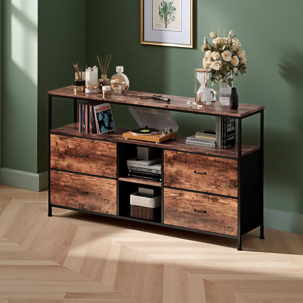 LOWBOARD, 108 x 30 x 76.8 cm, mit 4 Stoffschubladen und LED-Lichtern, Metallrahmen Vintage für Wohnzimmer - Eiche Artisan, Metall (29.8/76.8/108cm) - WoodenAura