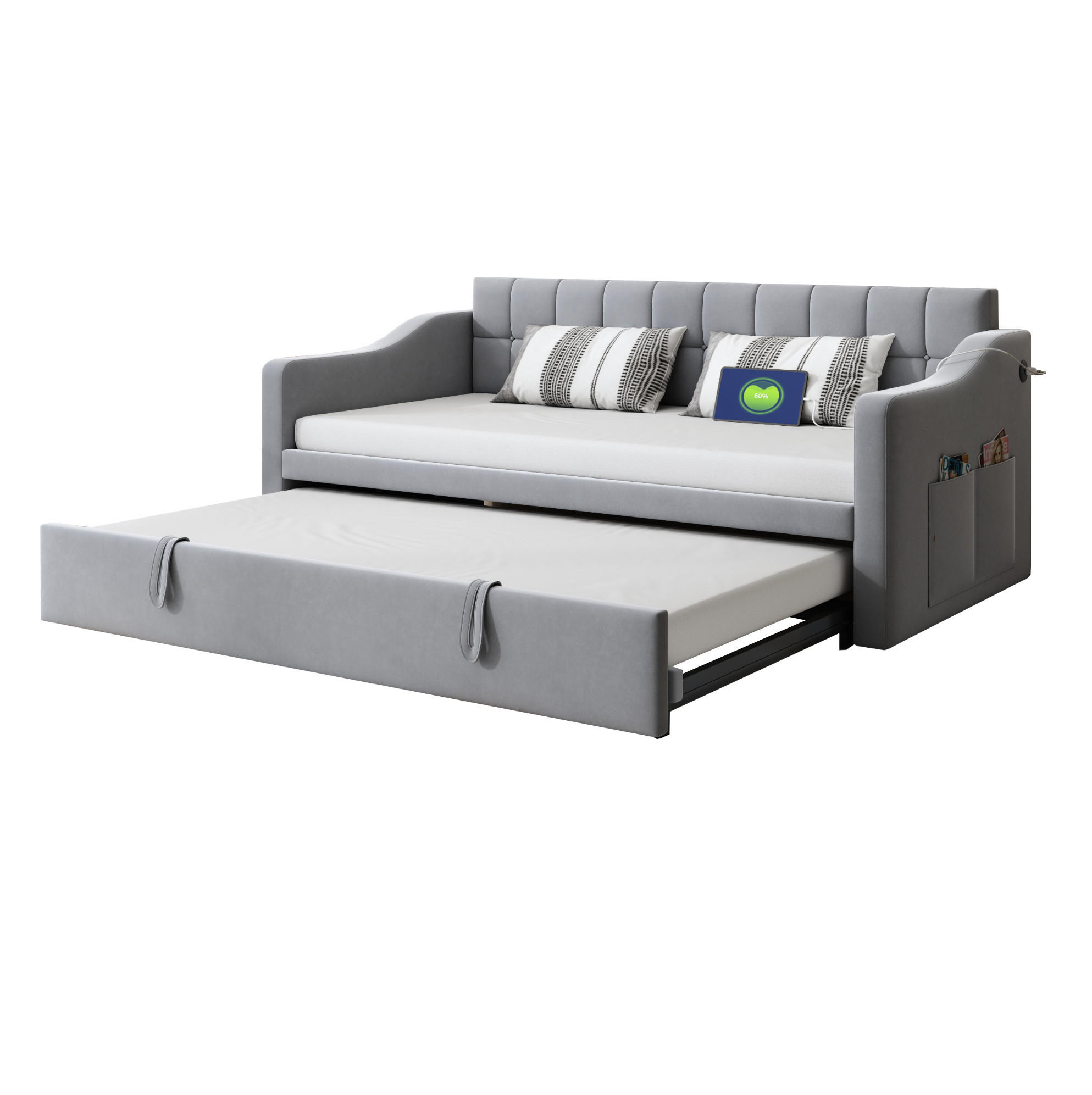 POLSTERBETT 90/190 cm aus Samtstoff mit USB-Ladeports, Hellgrau - Hellgrau, Textil (90/190cm) - OKMYHOME