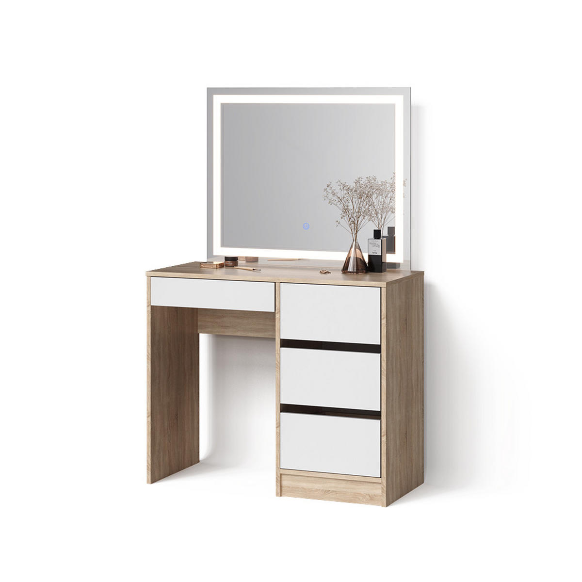 SCHMINKTISCH Imola Sonoma 90 cm mit LED-Spiegel - Weiß/Sonoma Eiche, Holzwerkstoff (90/75/40cm) - Livinity®