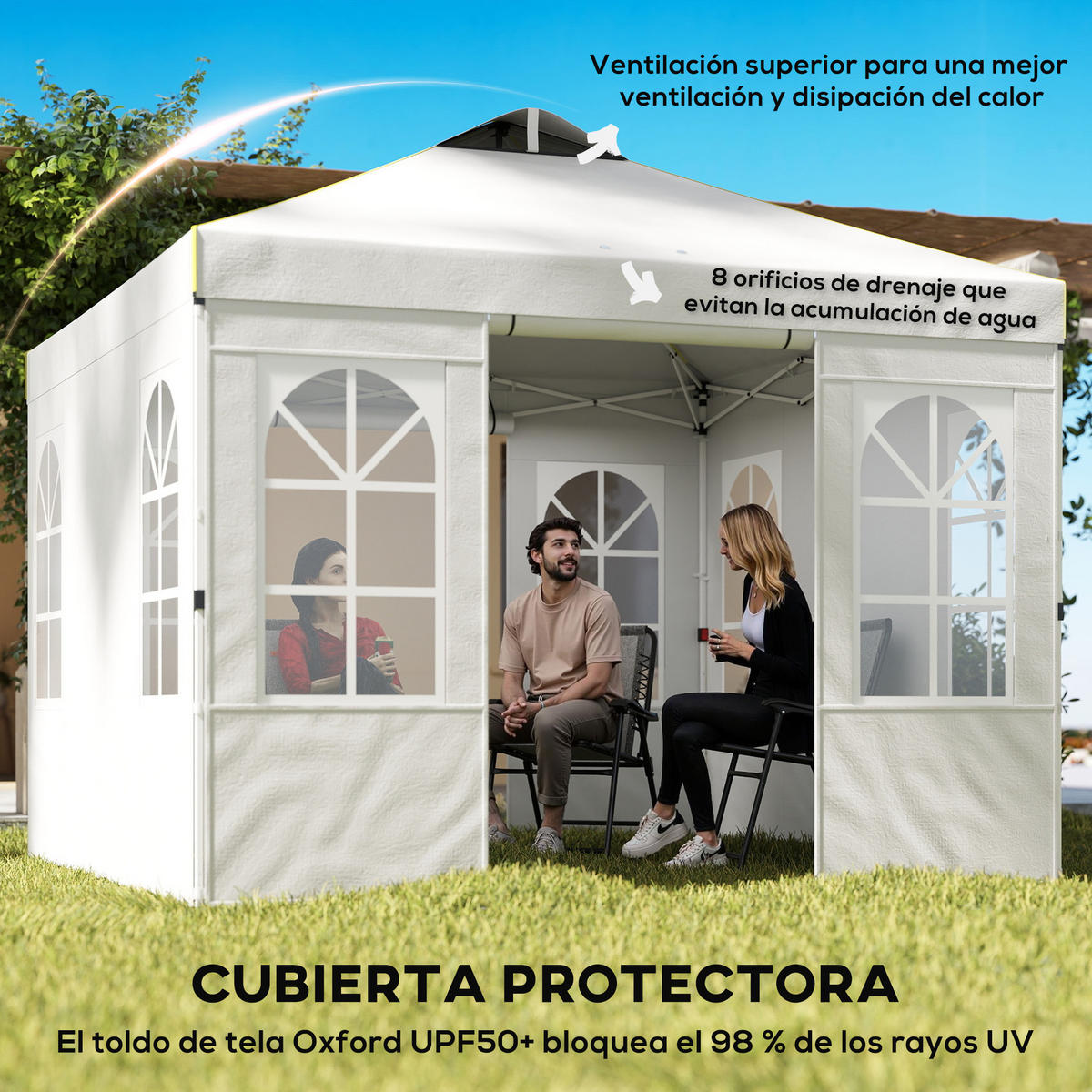 PAVILLON, Pop-up-Faltzelt mit UPF 50+, 4 abnehmbaren Seitenwänden, 3x3 m,Weiß - Weiß, Metall (293/272/293cm) - Vallsero