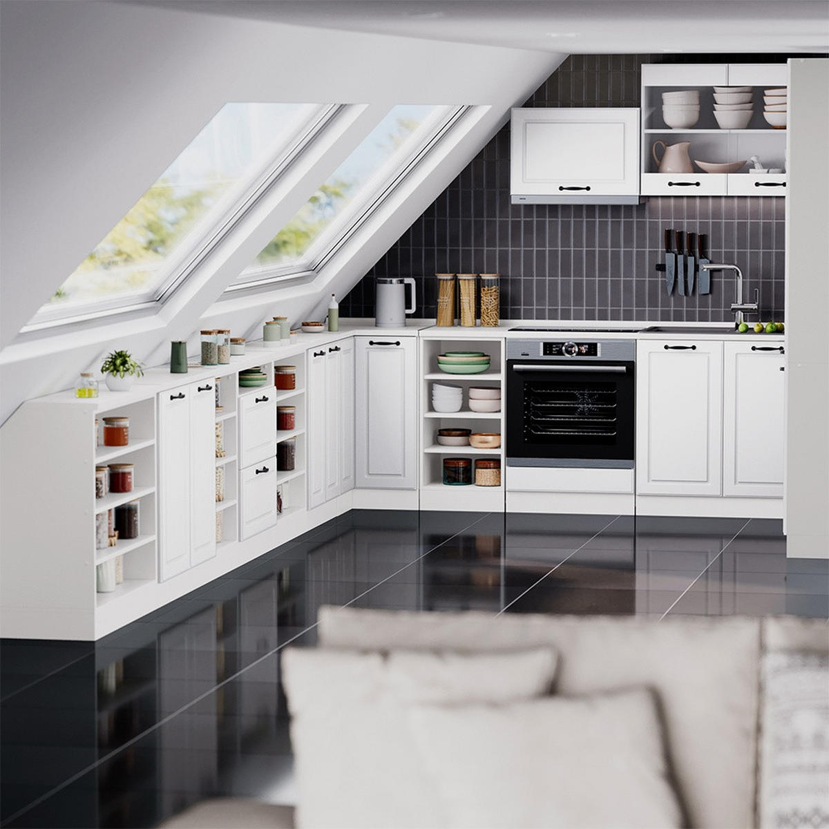 KÜCHENSCHRANK FÜR DACHSCHRÄGEN R-Line Weiß Landhaus 210 cm 5er Set Schrankkorpuss 60 cm Tiefe - Weiß, Holzwerkstoff (210/83.8/60cm) - Vicco