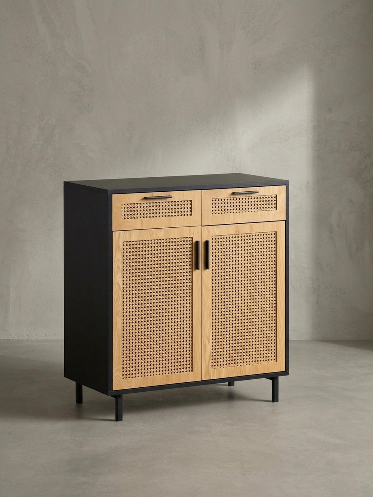 SIDEBOARD – Schwarz, 80x86,5x40 cm, mit Wiener Geflecht, 2 Türen, Schubladen, hoch - Schwarz, Holzwerkstoff/Metall (80/87/40cm) - KADIMA DESIGN