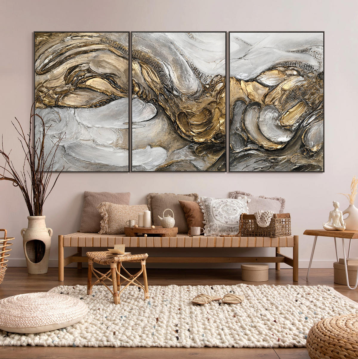 GEMÄLDE Tsunami Schattenfugenrahmen Grau 300x140 cm 3-teilig - Grau, Holz (300/140cm) - YS-art gallery