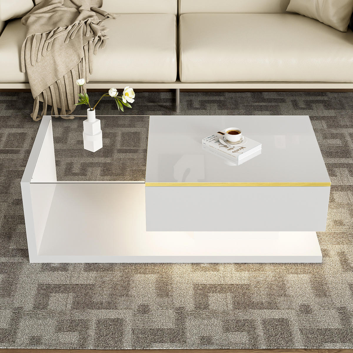 COUCHTISCH 100 cm Hochglanz LED weiß - Weiß, Holzwerkstoff (50/100/32.5cm) - LEBENLANG