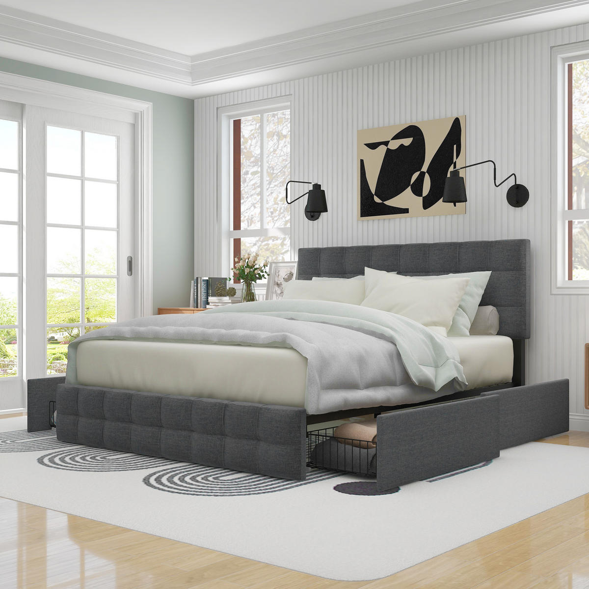 POLSTERBETT 140/200 cm Grau aus Leinen mit 4 Schubladen - Grau, Textil (140/200cm) - OKMYHOME