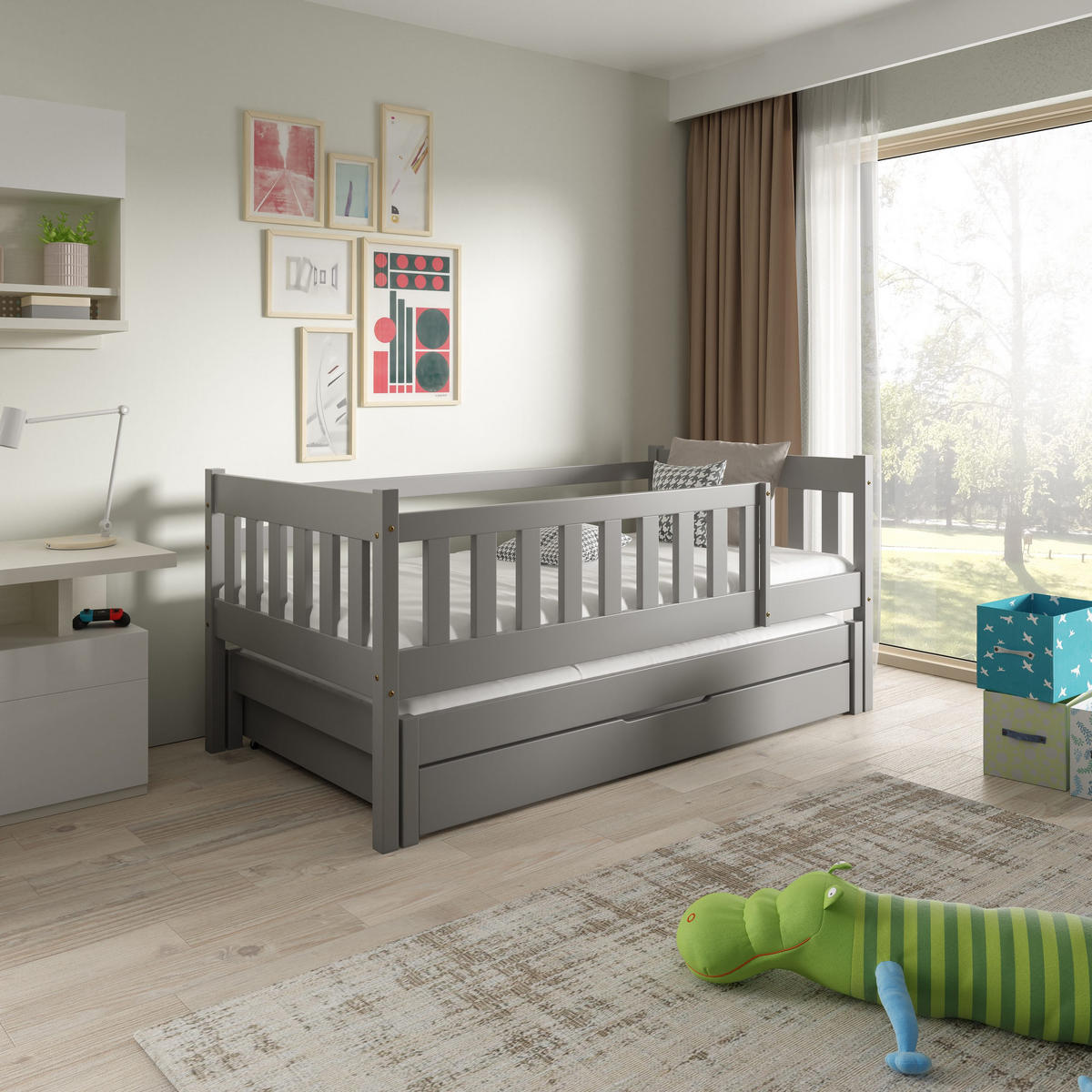 ETAGENBETT STELLA mit Bettkasten 80x160 cm Hellgrau - Hellgrau, Holz (80/160cm) - MASSENO