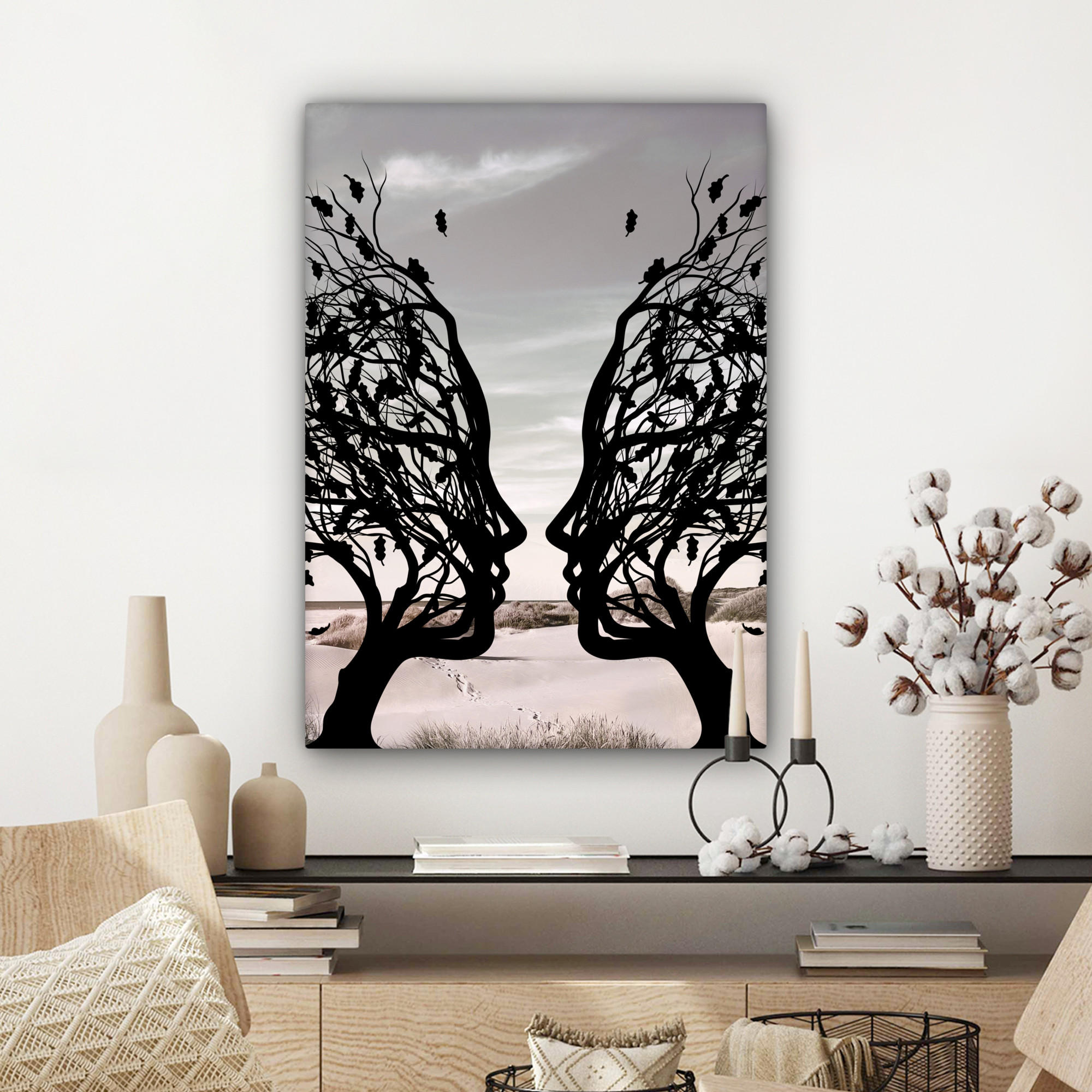 LEINWANDBILD Strand - Meer - Menschen - Baum - Moderne Kunst 60x80 cm - Hellgrau, Textil (60/80cm) - MuchoWow