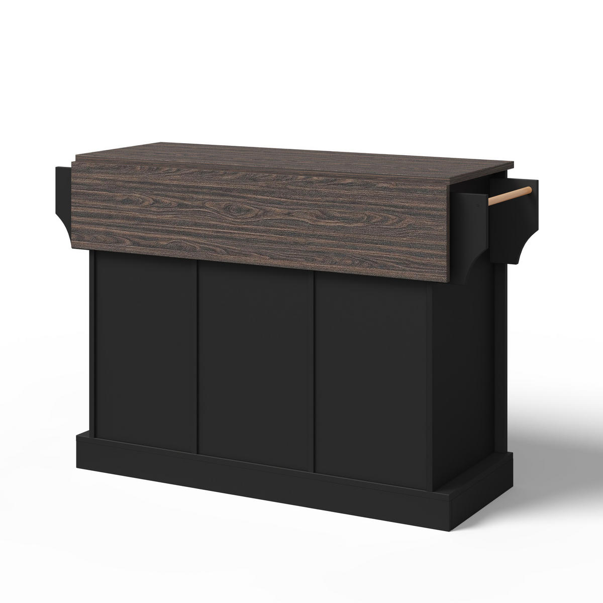 KÜCHENINSEL aus MDF 120x45(70)x91 cm Schwarz mit klappbarer Arbeitsplatte, Schiebetüren, Schubladen und Rollen - Schwarz, Holzwerkstoff (120/91/70cm) - Modfu