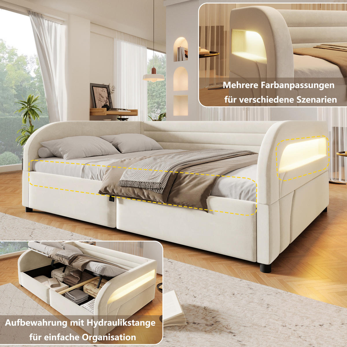 BETT mit Stauraum und LED 140x200 cm Flanell White - Weiß, Metall (140/200cm) - Meubliv