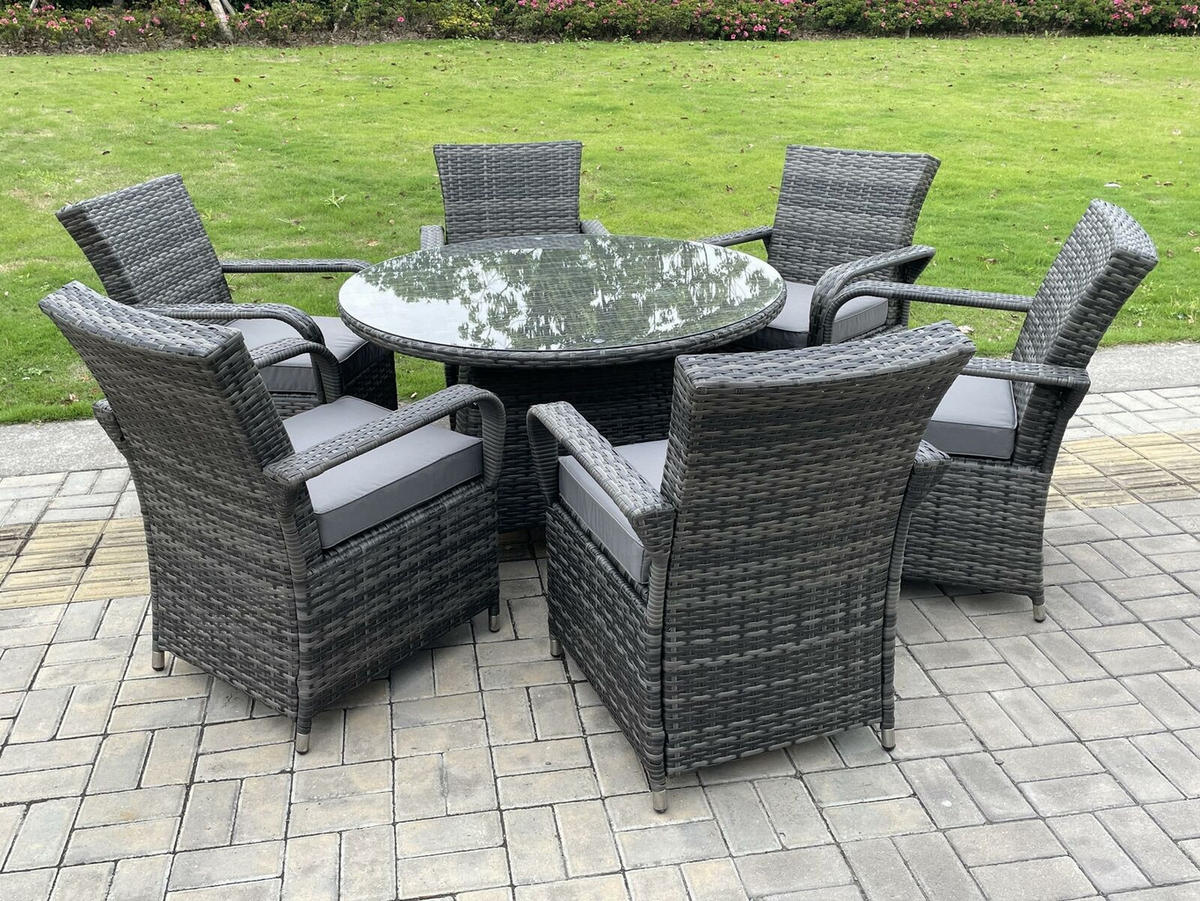 GARTENMÖBELSET mit Couchtisch Polyrattan 6-Sitzer - Dunkelgrau/Grau, Glas/Kunststoff - Fimous