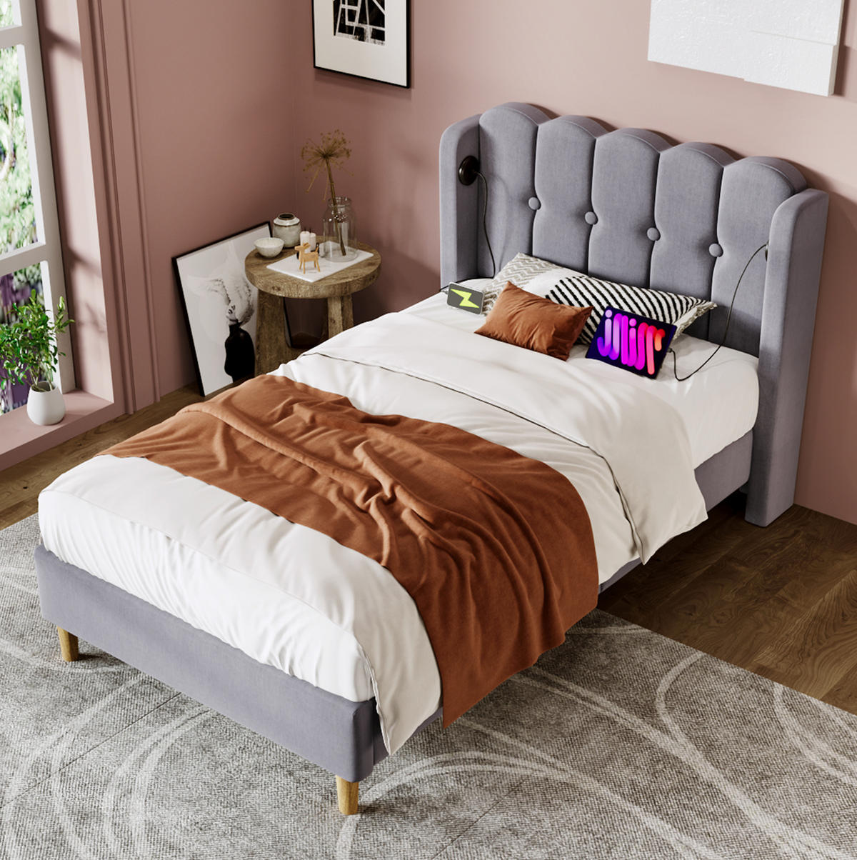 POLSTERBETT 90/200 cm mit USB-C und Lattenrost, grau, gepolstertes Kopfteil - Grau, Textil (90/200cm) - BEAOK